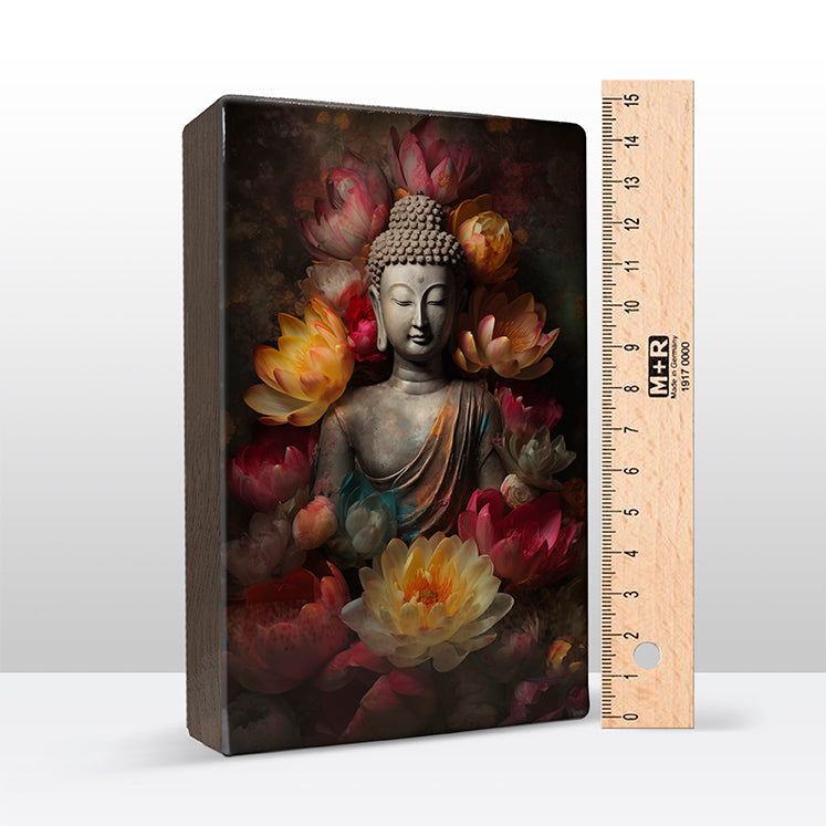 Artchoices exclusive: 171. Buddha met bloemen op houten paneel(tje) groot