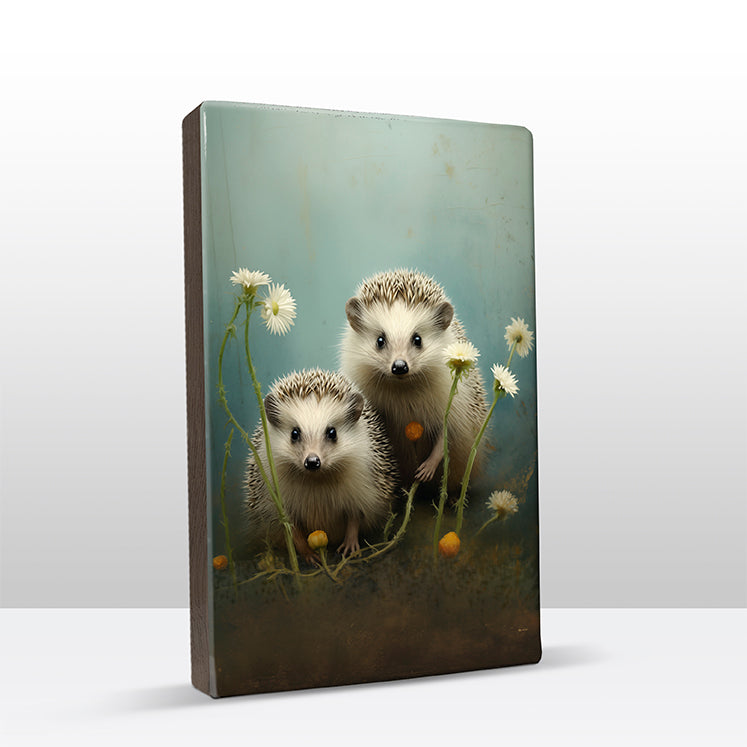 Artchoices exclusive: 203. Twee egeltjes met bloemen op houten paneel(tje) groot