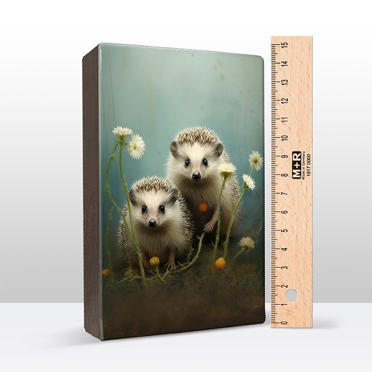 Artchoices exclusive: 203. Twee egeltjes met bloemen op houten paneel(tje) groot