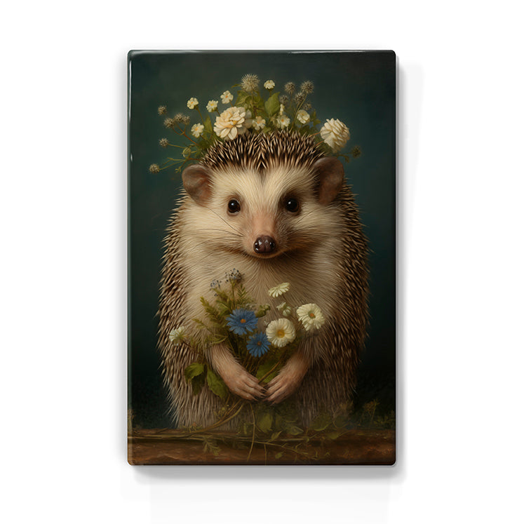 Artchoices exclusive: 204. Egeltje met bloemen op houten paneel(tje) groot