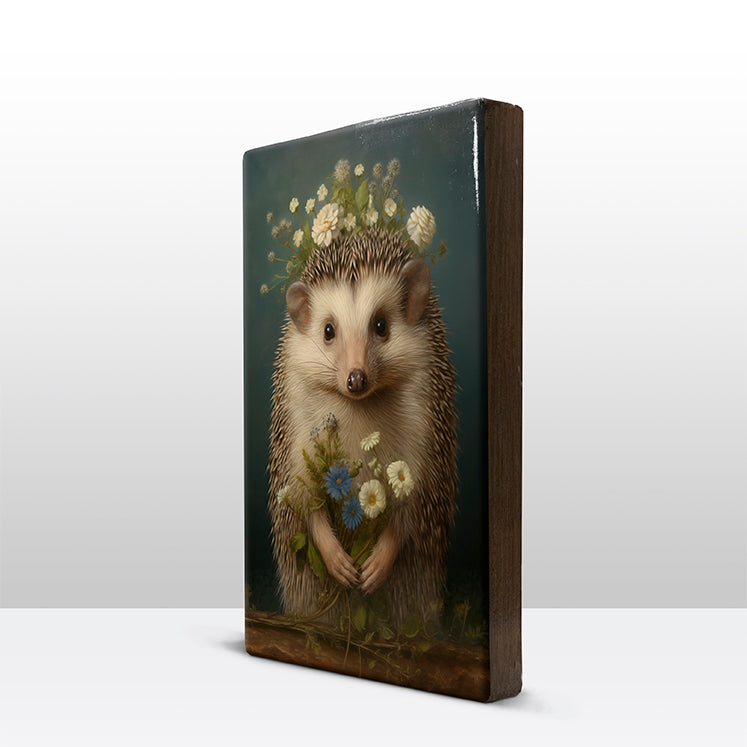 Artchoices exclusive: 204. Egeltje met bloemen op houten paneel(tje) groot