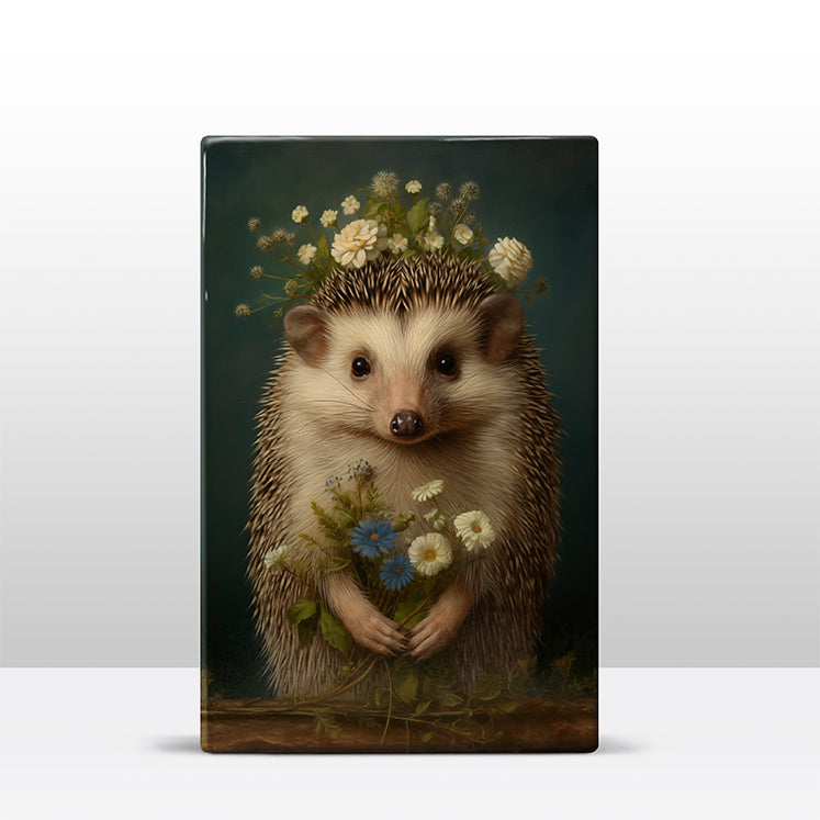 Artchoices exclusive: 204. Egeltje met bloemen op houten paneel(tje) groot