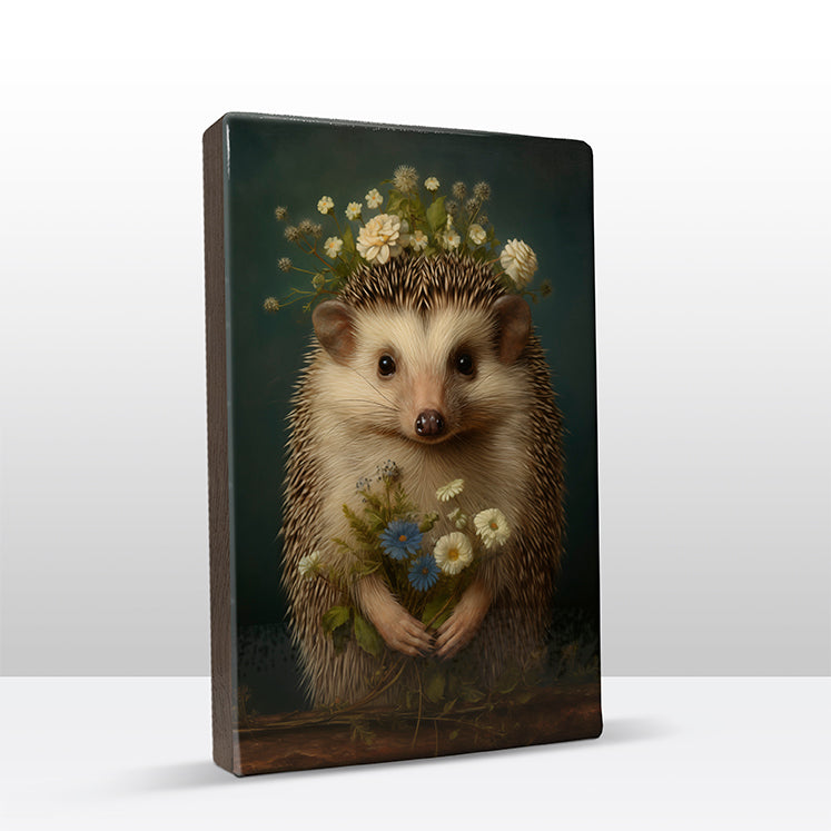 Artchoices exclusive: 204. Egeltje met bloemen op houten paneel(tje) groot
