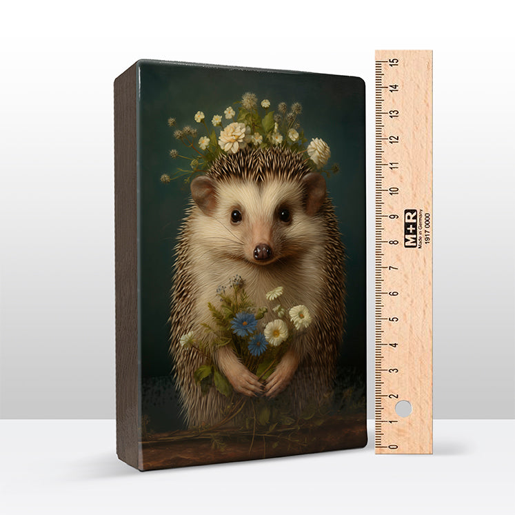 Artchoices exclusive: 204. Egeltje met bloemen op houten paneel(tje) groot