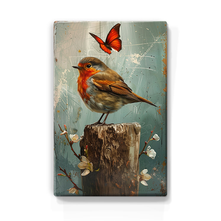 Artchoices exclusive: 209. Roodborstje met vlinder op houten paneel(tje) groot