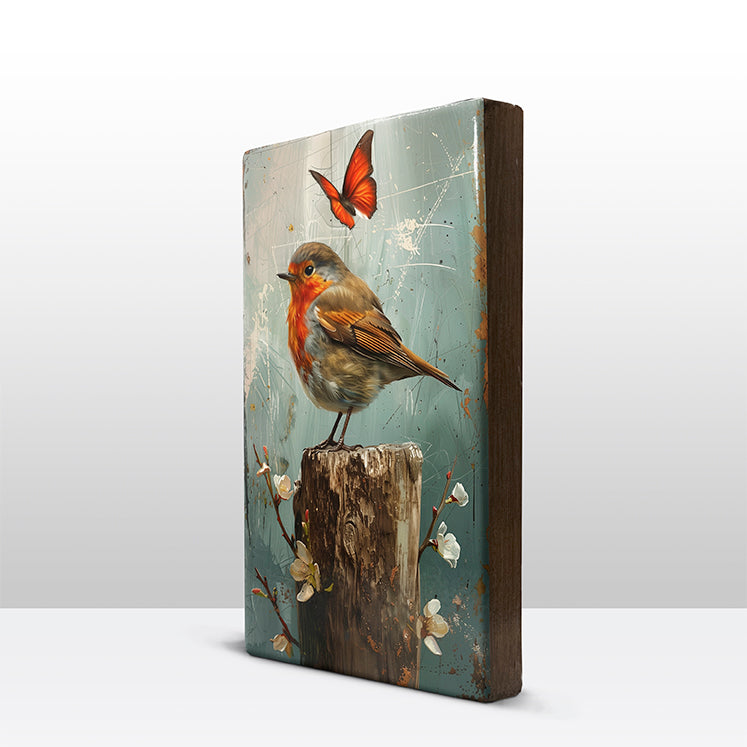 Artchoices exclusive: 209. Roodborstje met vlinder op houten paneel(tje) groot