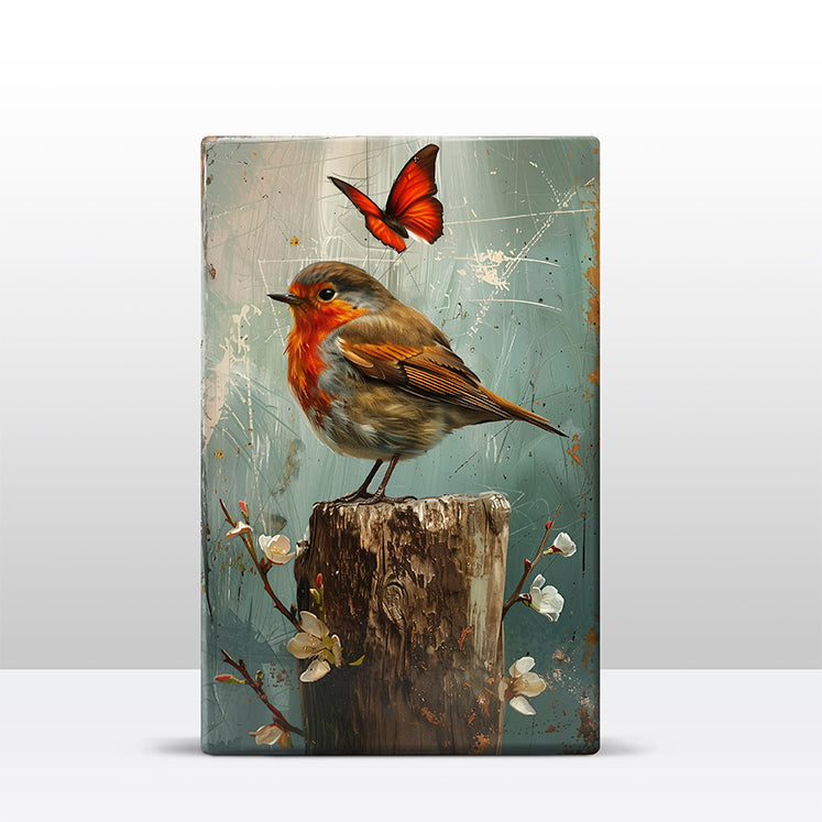 Artchoices exclusive: 209. Roodborstje met vlinder op houten paneel(tje) groot
