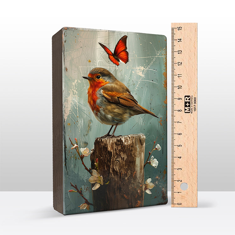 Artchoices exclusive: 209. Roodborstje met vlinder op houten paneel(tje) groot
