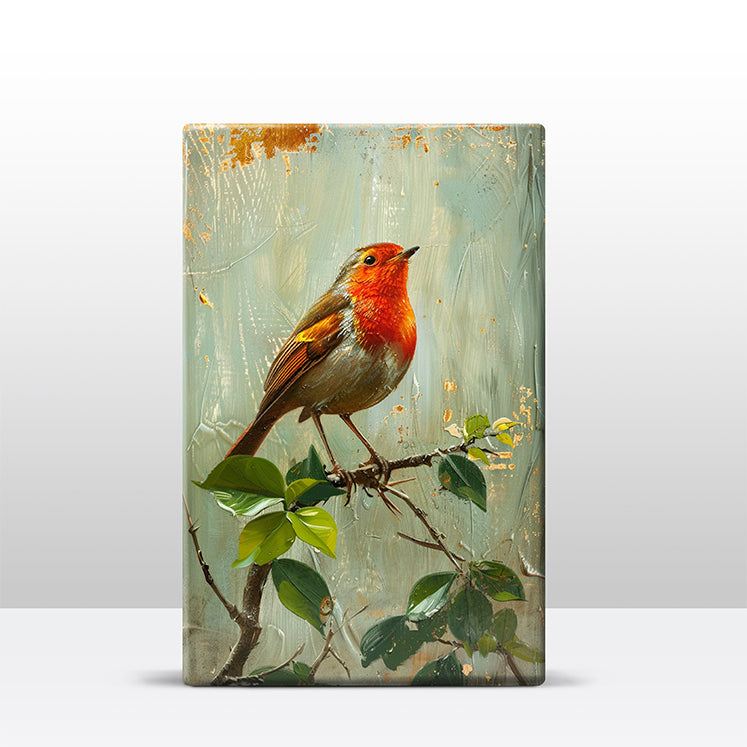 Artchoices exclusive: 214. Roodborstje op een tak op houten paneel(tje) klein