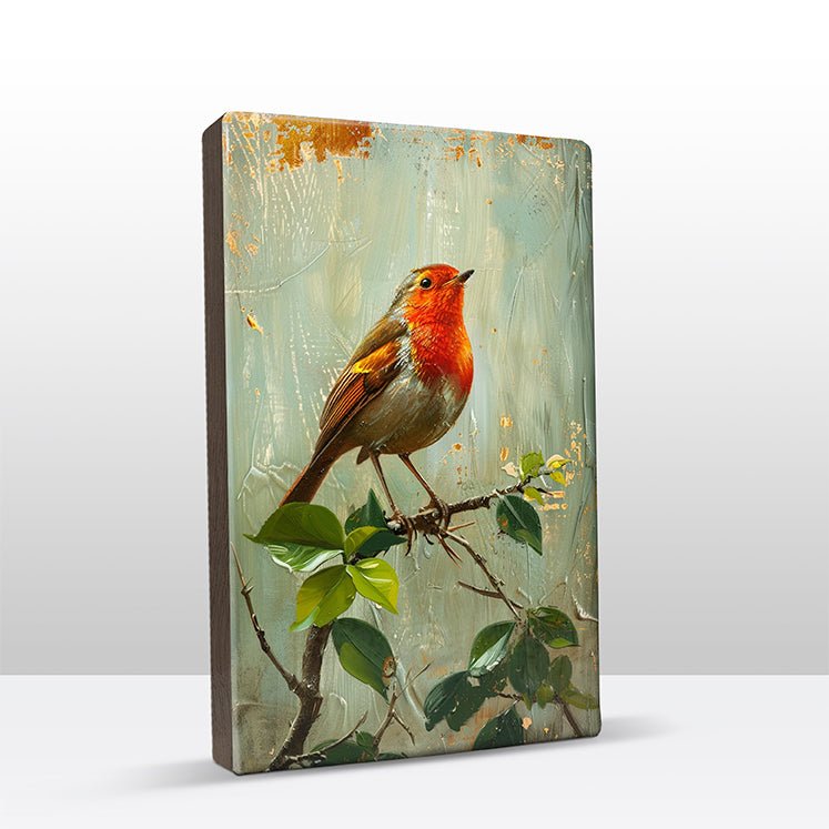 Artchoices exclusive: 214. Roodborstje op een tak op houten paneel(tje) klein