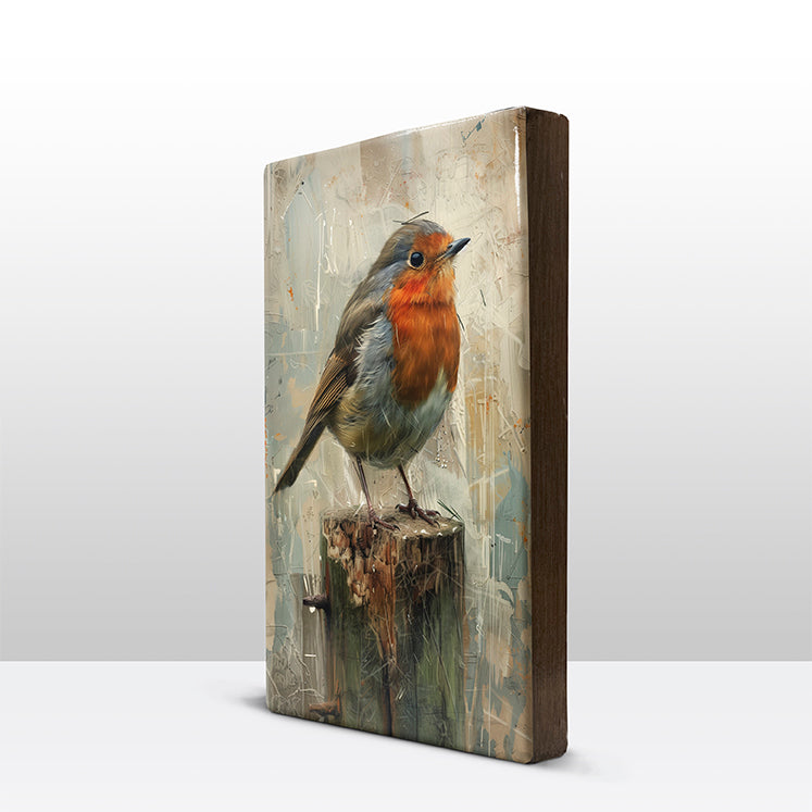 Artchoices exclusive: 216. Roodborstje op een boomstronk op houten paneel(tje) groot