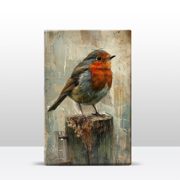Artchoices exclusive: 216. Roodborstje op een boomstronk op houten paneel(tje) groot