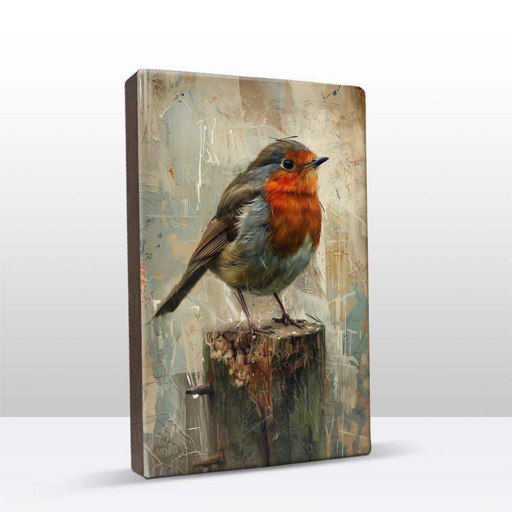 Artchoices exclusive: 216. Roodborstje op een boomstronk op houten paneel(tje) groot