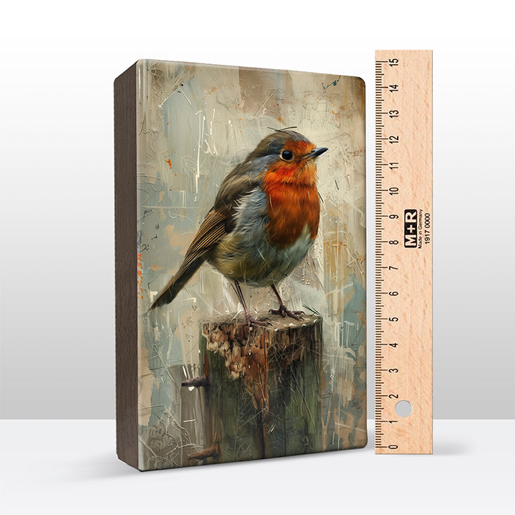 Artchoices exclusive: 216. Roodborstje op een boomstronk op houten paneel(tje) groot