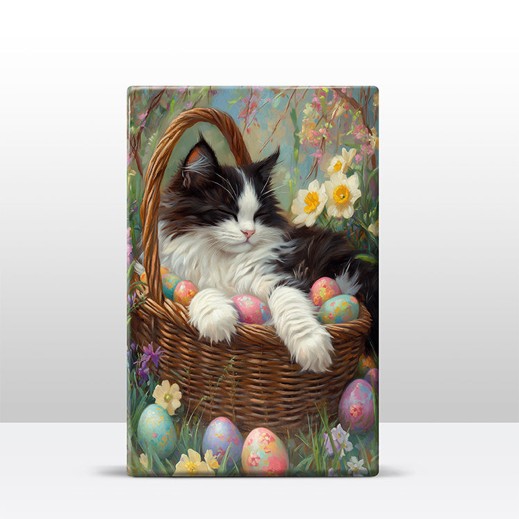 Artchoices exclusive: 222. Kat in een rieten mandje op houten paneel(tje) klein