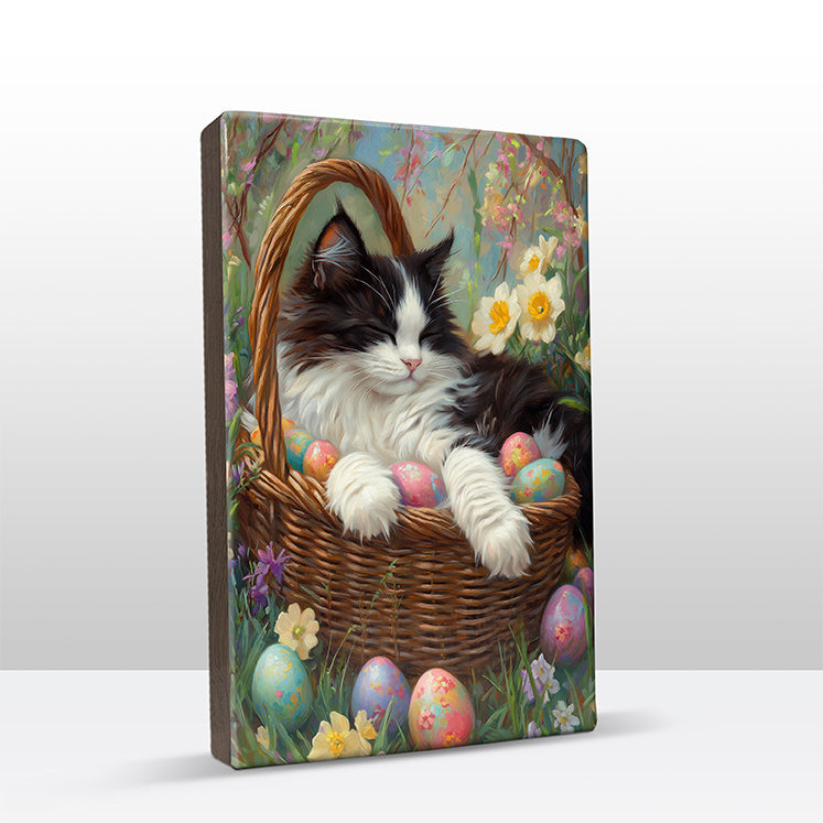 Artchoices exclusive: 222. Kat in een rieten mandje op houten paneel(tje) klein
