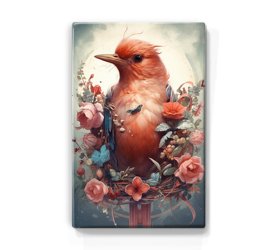 306. Rode vogel met bloemen op houten paneel(tje) klein