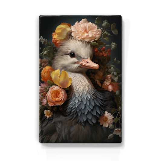 309. Vogel met kleurige bloemen op houten paneel(tje) klein