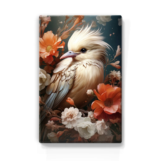 312. Witte vogel met bloemen op houten paneel(tje) klein