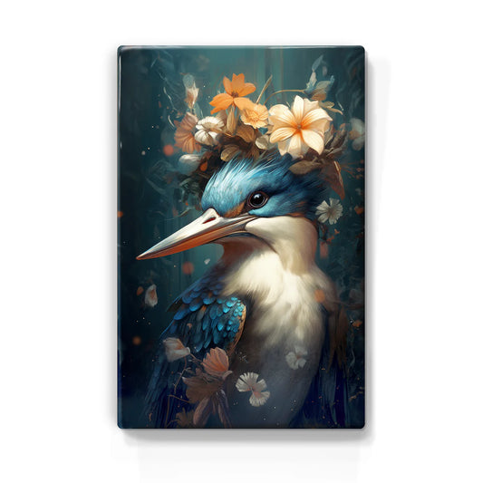 326. IJsvogel met bloemen op houten paneel(tje) klein