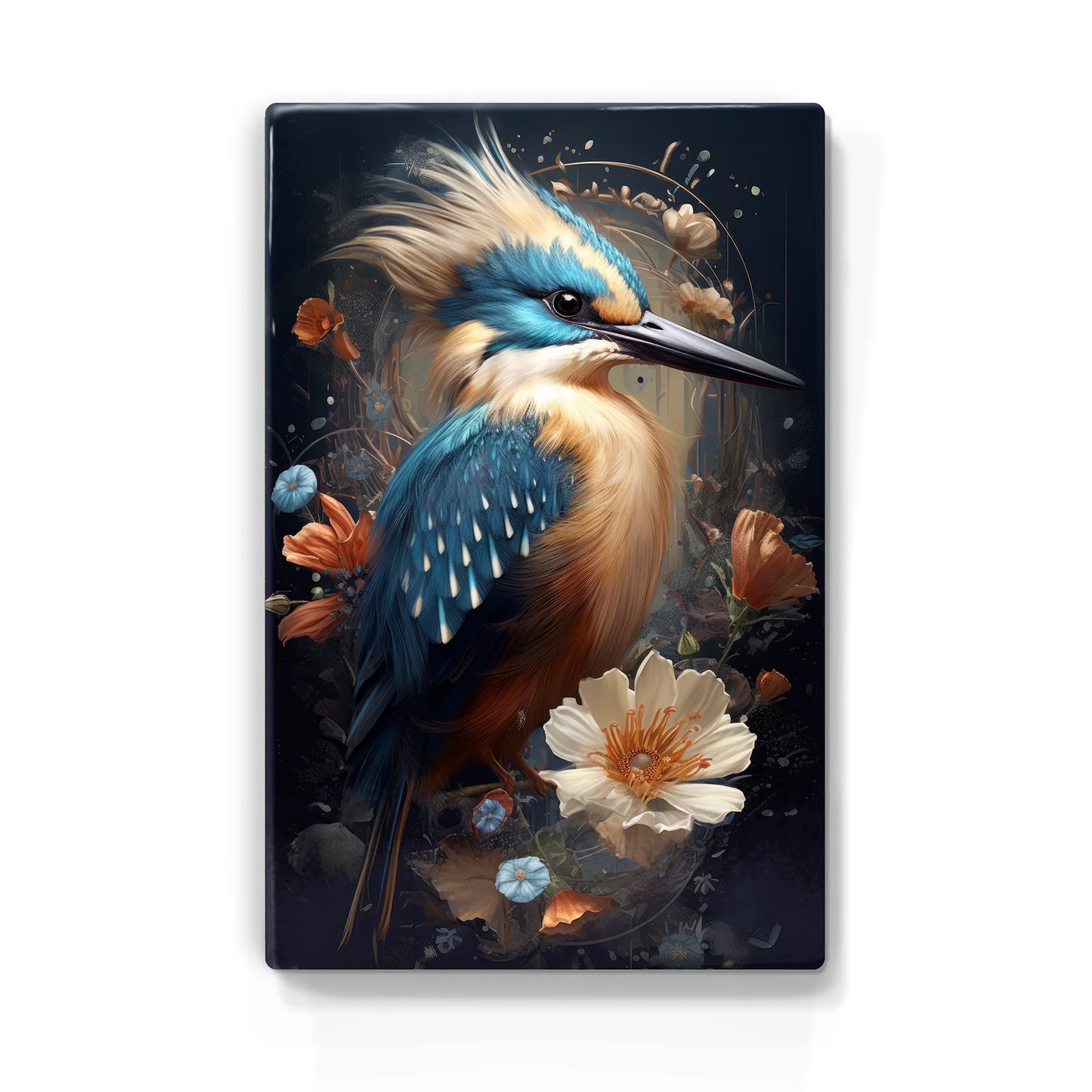 337. IJsvogel met kuif en bloemen op houten paneel(tje) klein