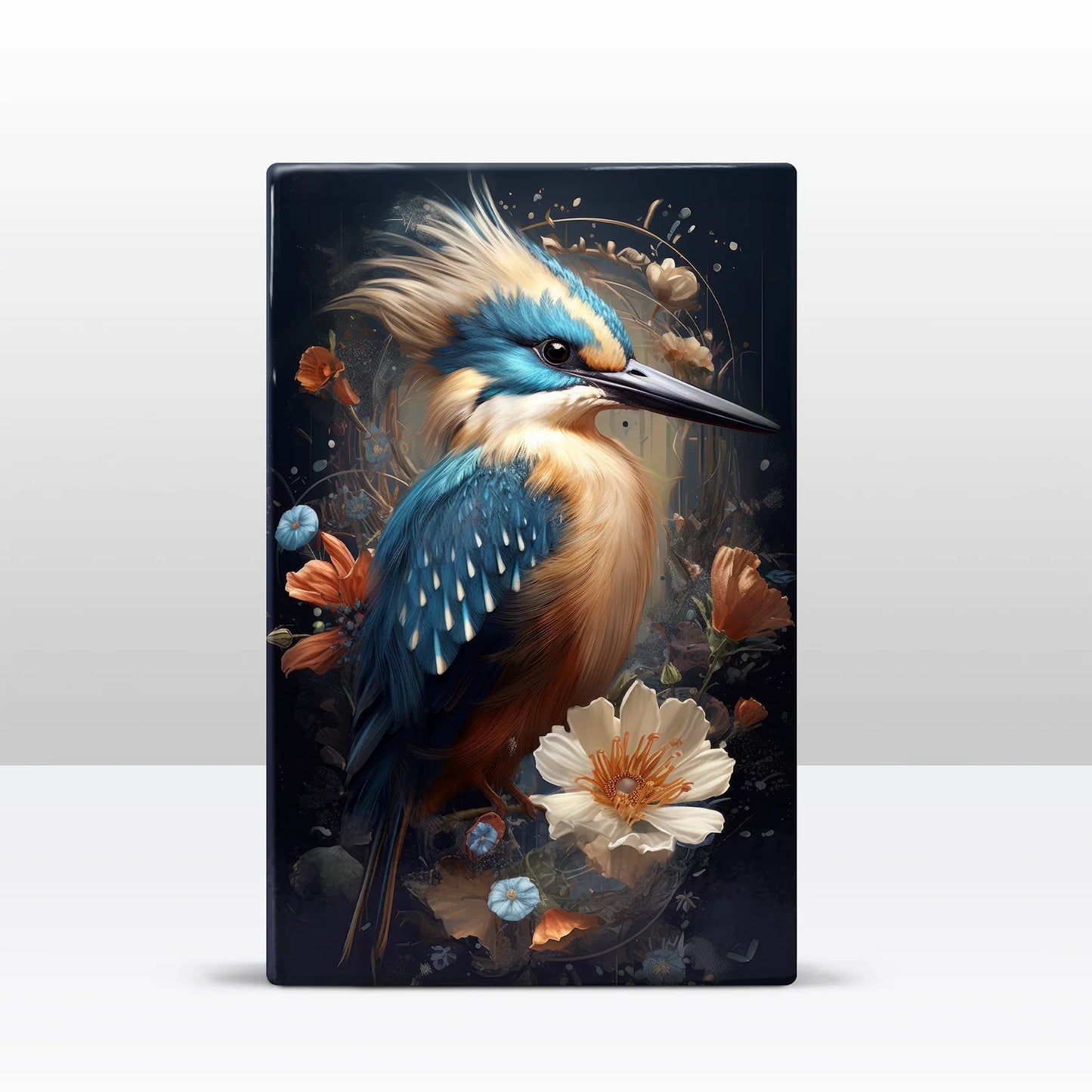 337. IJsvogel met kuif en bloemen op houten paneel(tje) klein