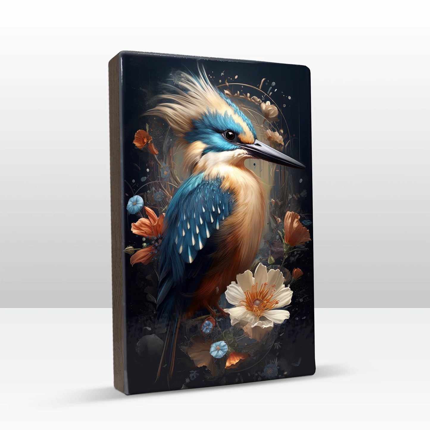 337. IJsvogel met kuif en bloemen op houten paneel(tje) klein