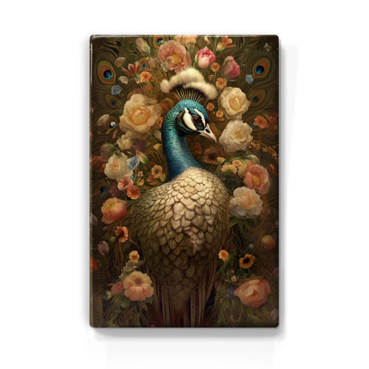 339. Pauw met bloemen 2 op houten paneel(tje) klein