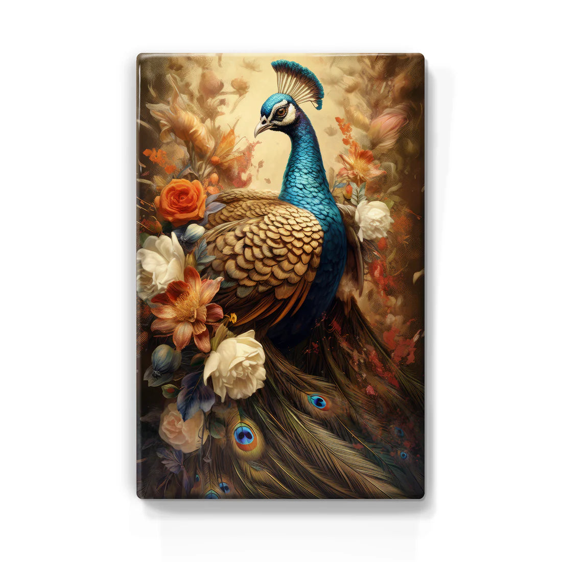 340. Pauw met bloemen op houten paneel(tje) klein