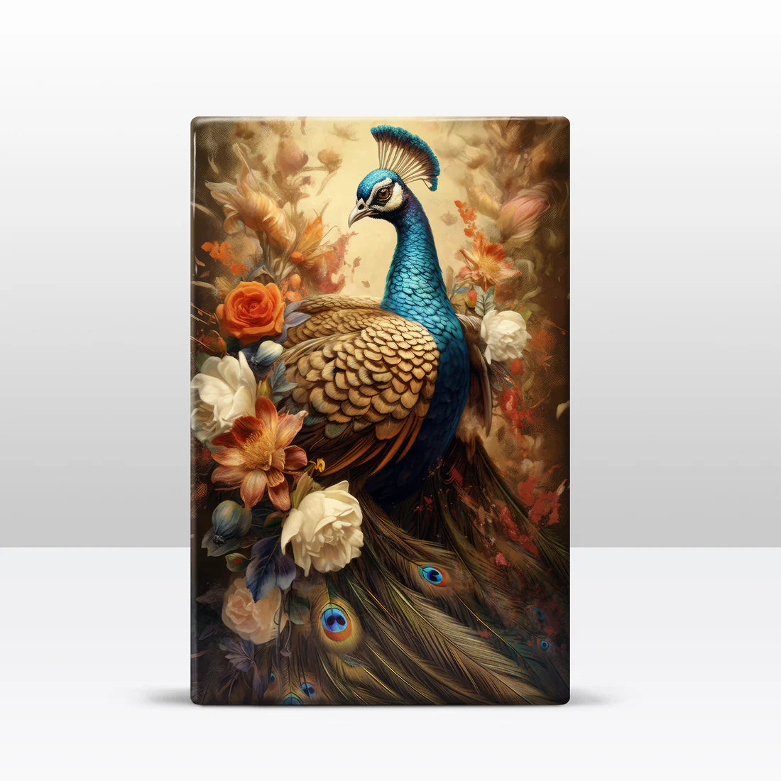 340. Pauw met bloemen op houten paneel(tje) klein