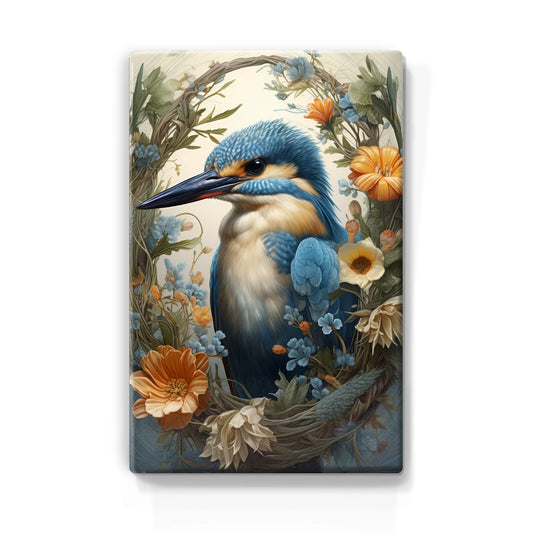 342. IJsvogel met bloemen 1 op houten paneel(tje) klein