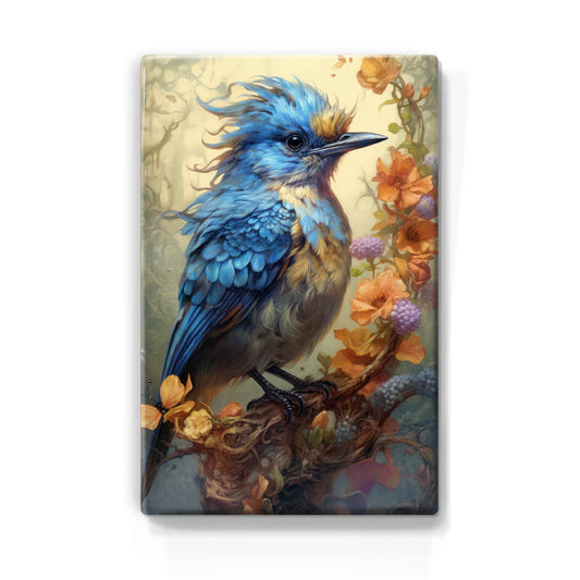 346. Blauwe vogel met bloemen op houten paneel(tje) klein
