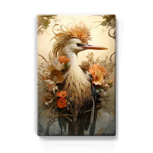 347. Kraanvogel met oranje bloemen op houten paneel(tje) klein