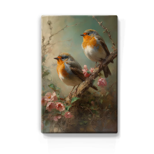 382. Twee Roodborstjes op roze rozentak op houten paneel(tje) klein