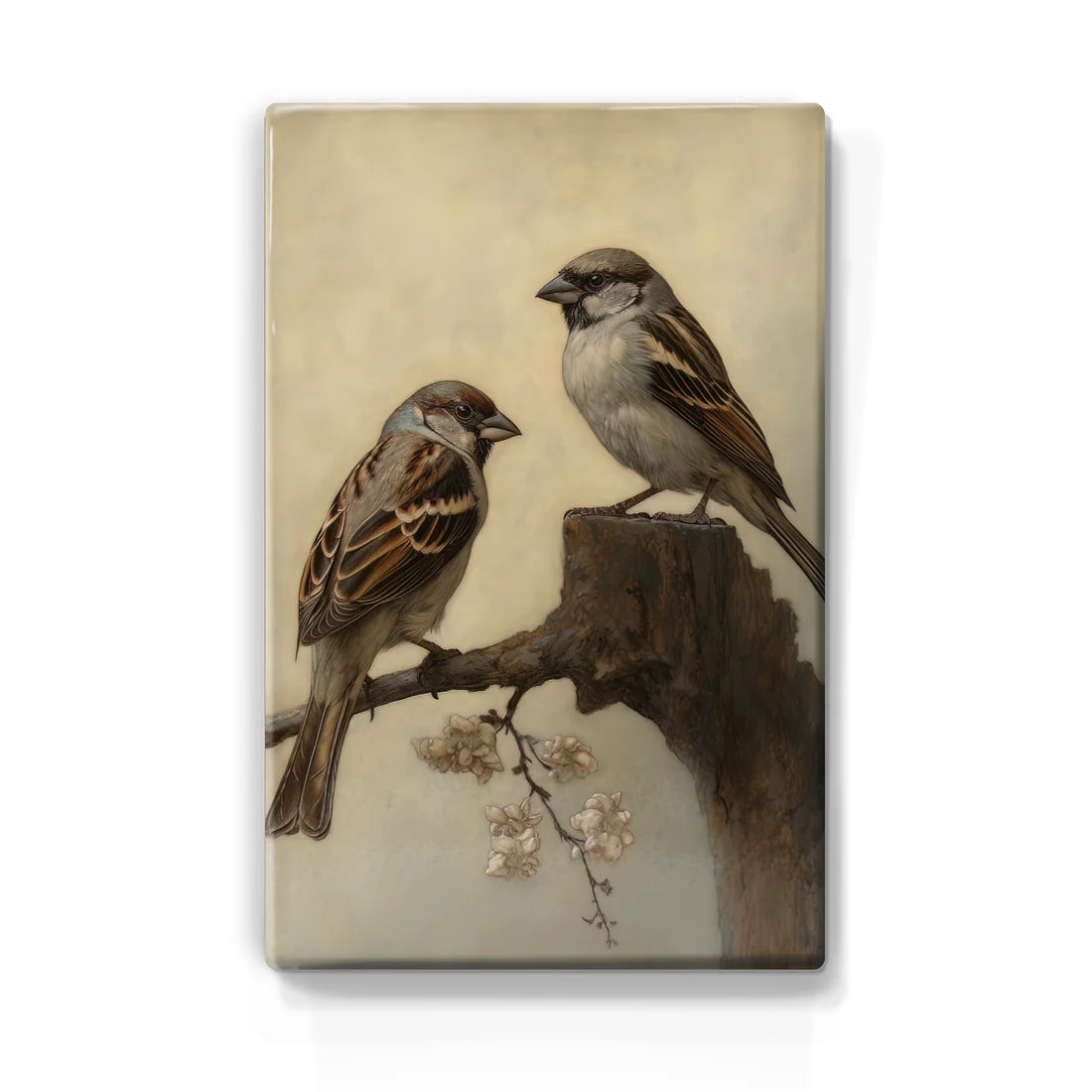 391. Twee mussen op oude stronk op houten paneel(tje) groot