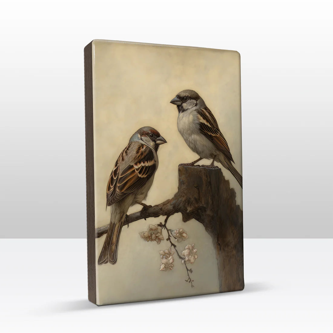 391. Twee mussen op oude stronk op houten paneel(tje) groot