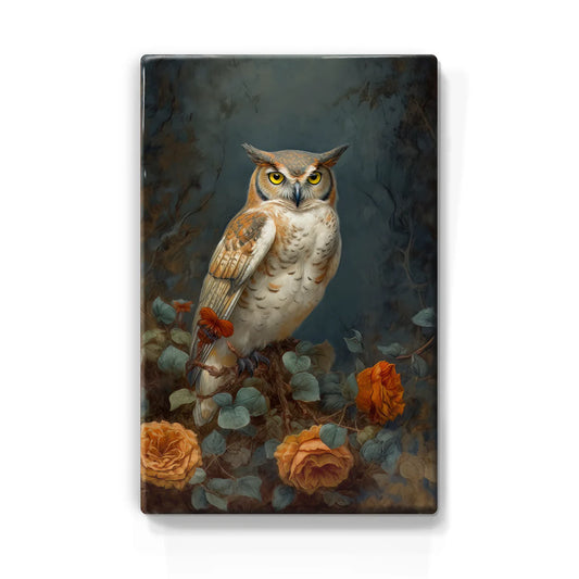 394. Gevlekte uil met oranje rozen op houten paneel(tje) klein