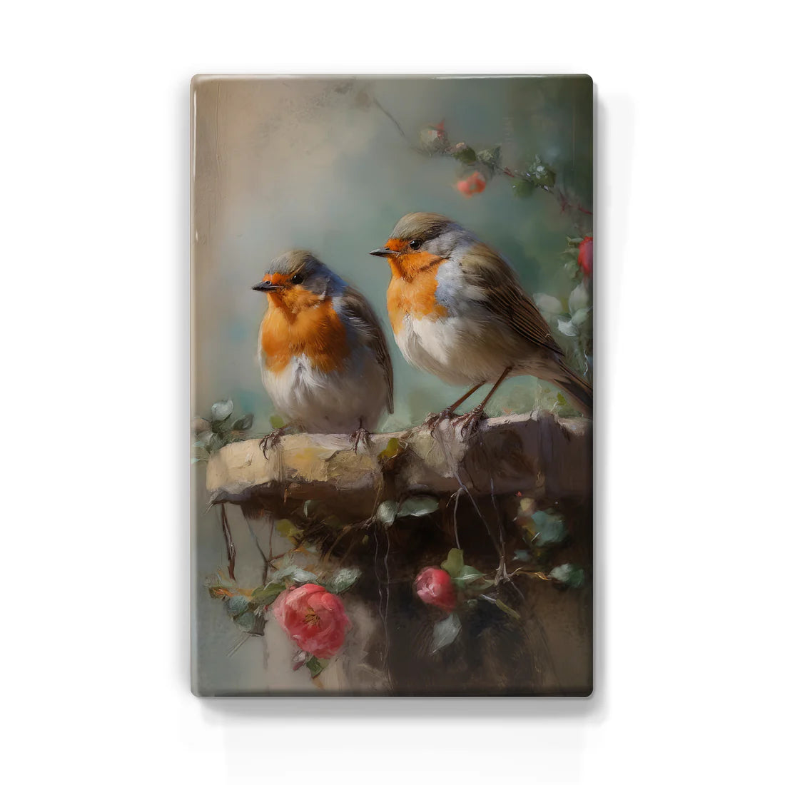 399. Twee roodborstjes met rode roosjes op houten paneel(tje) groot