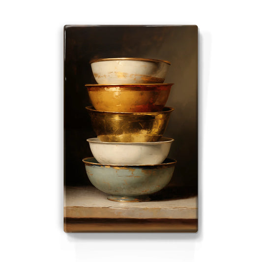 577. Stapel Kommen Goud – Licht Blauw op houten paneel(tje) groot