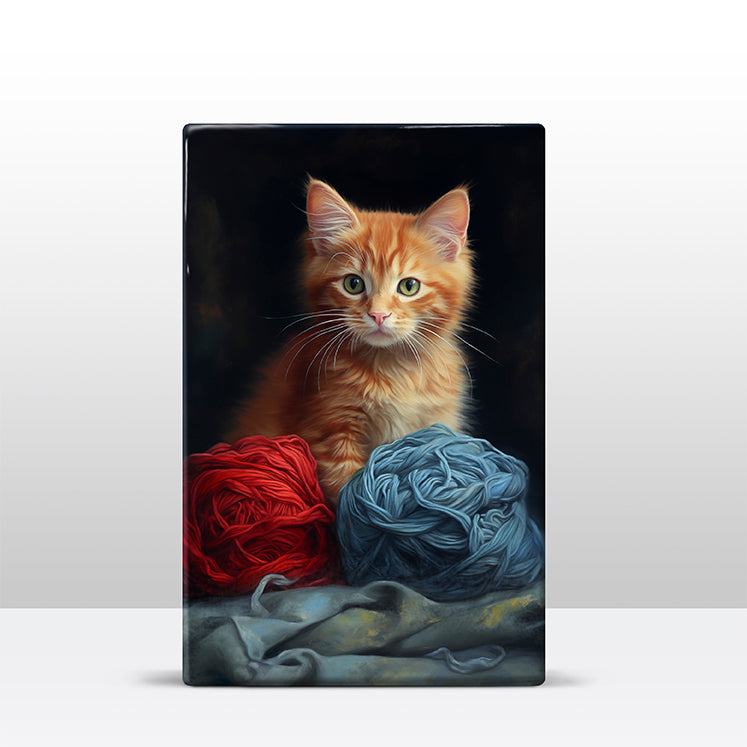 Artchoices exclusive: 89. Rood poesje met bollen wol op houten paneel(tje) klein