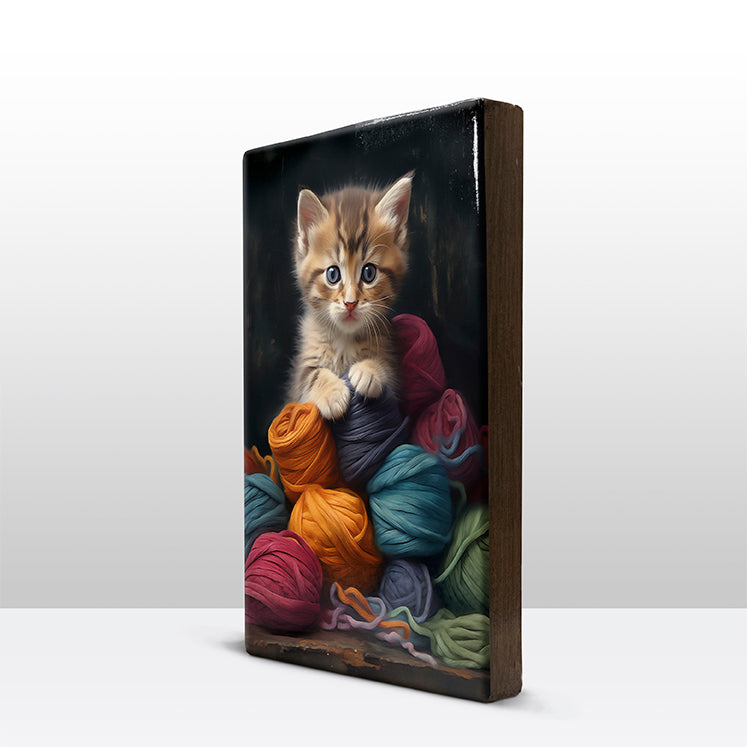 Artchoices exclusive: 90. Schattige kitten met bollen wol op houten paneel(tje)