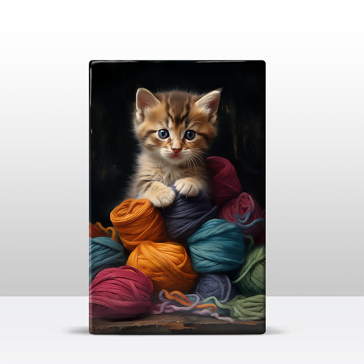 Artchoices exclusive: 90. Schattige kitten met bollen wol op houten paneel(tje)