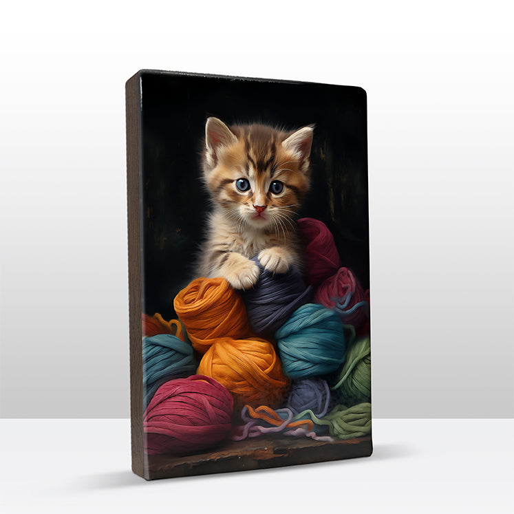 Artchoices exclusive: 90. Schattige kitten met bollen wol op houten paneel(tje)