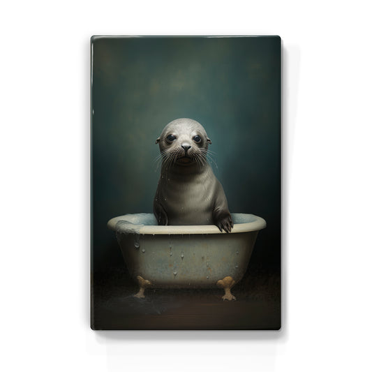 Artchoices exclusive: 001. zeehondje in badkuip op houten paneel(tje) klein
