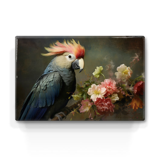 Artchoices exclusive: 029. Papegaai met bloemen op houten paneel(tje) klein