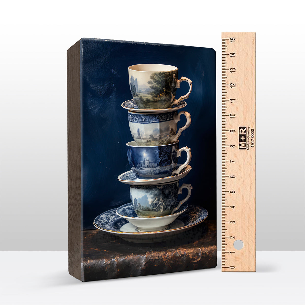 Artchoices exclusive: 037. Stapel kopjes Delfts blauw op houten paneel(tje) groot