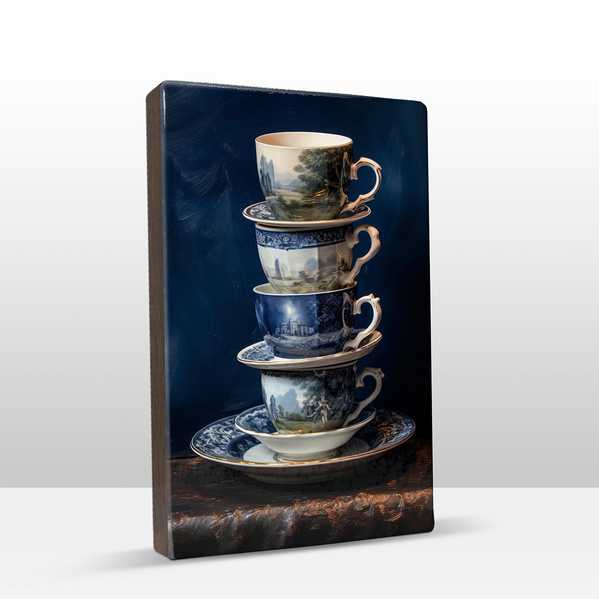 Artchoices exclusive: 037. Stapel kopjes Delfts blauw op houten paneel(tje) groot