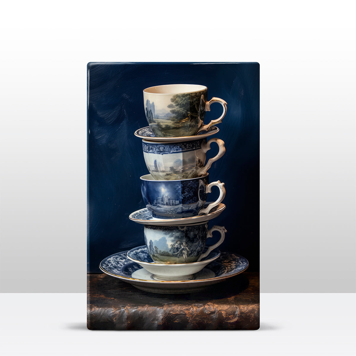 Artchoices exclusive: 037. Stapel kopjes Delfts blauw op houten paneel(tje) groot