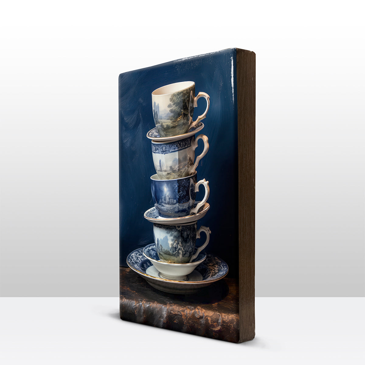 Artchoices exclusive: 037. Stapel kopjes Delfts blauw op houten paneel(tje) groot