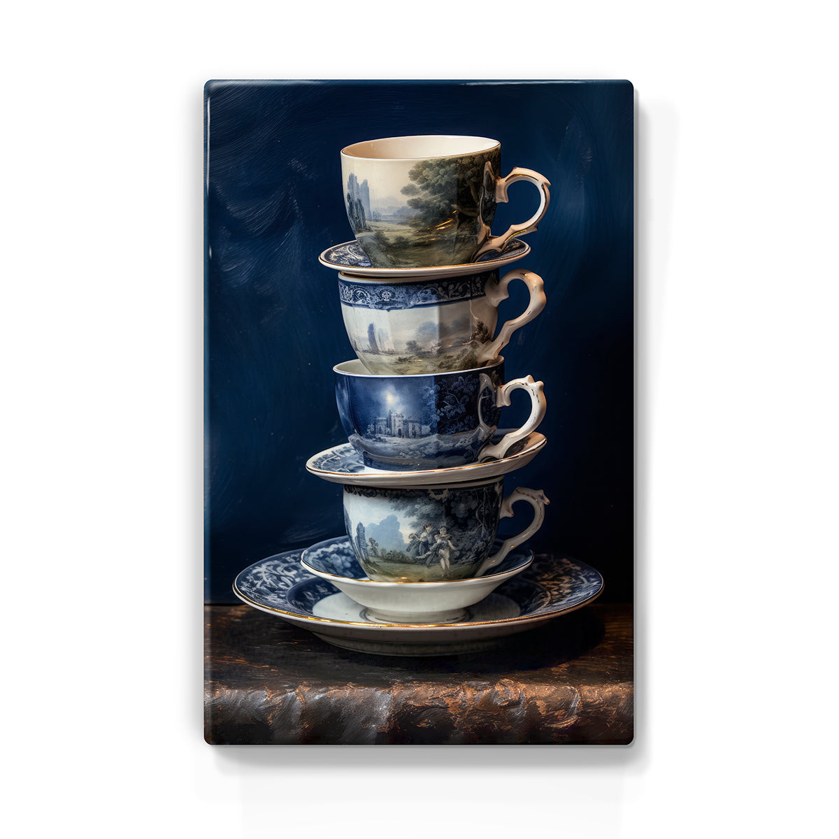 Artchoices exclusive: 037. Stapel kopjes Delfts blauw op houten paneel(tje) groot
